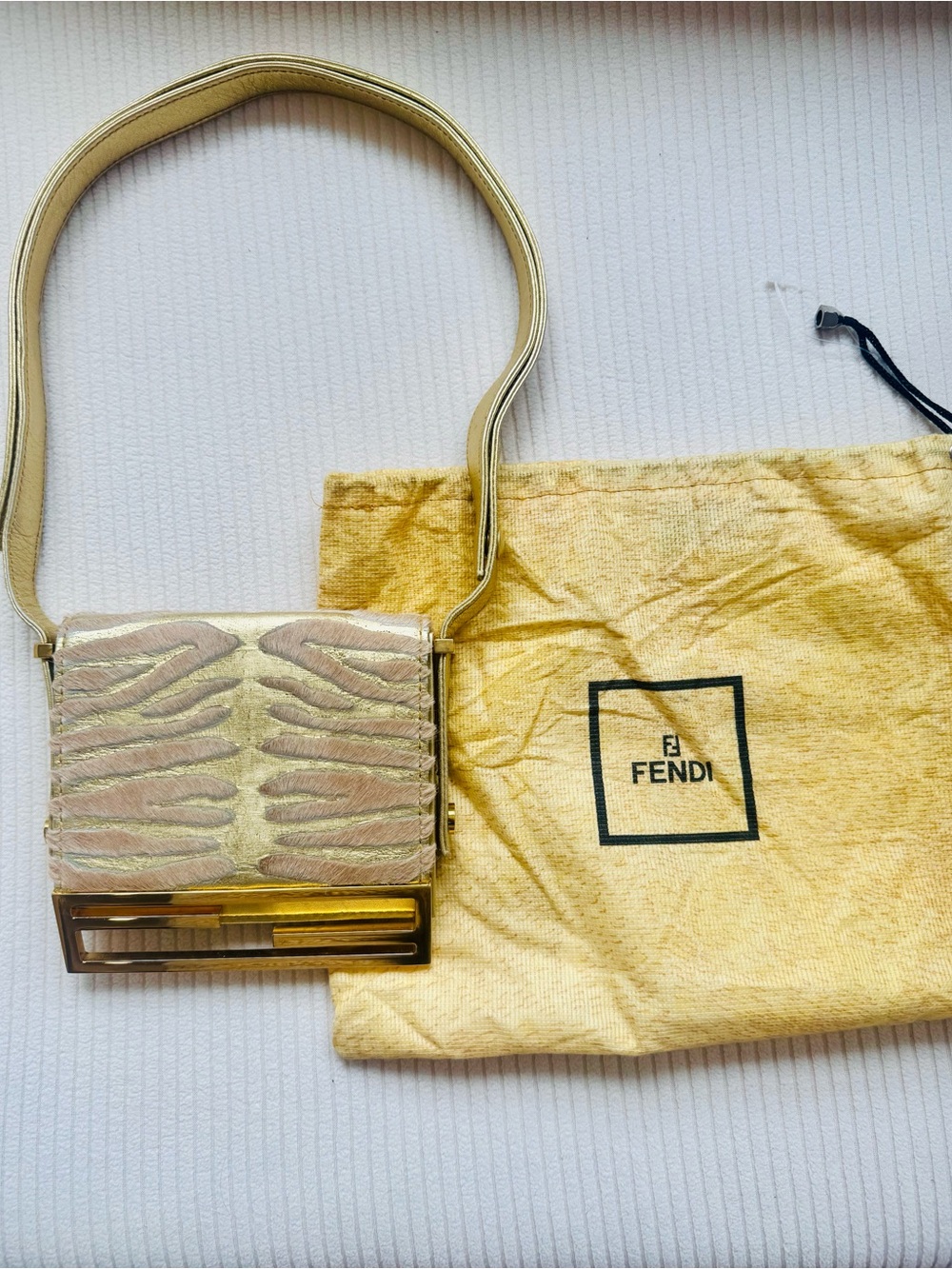 Fendi Small Shoulder Bag in Beige and Gold leather and Pony hair